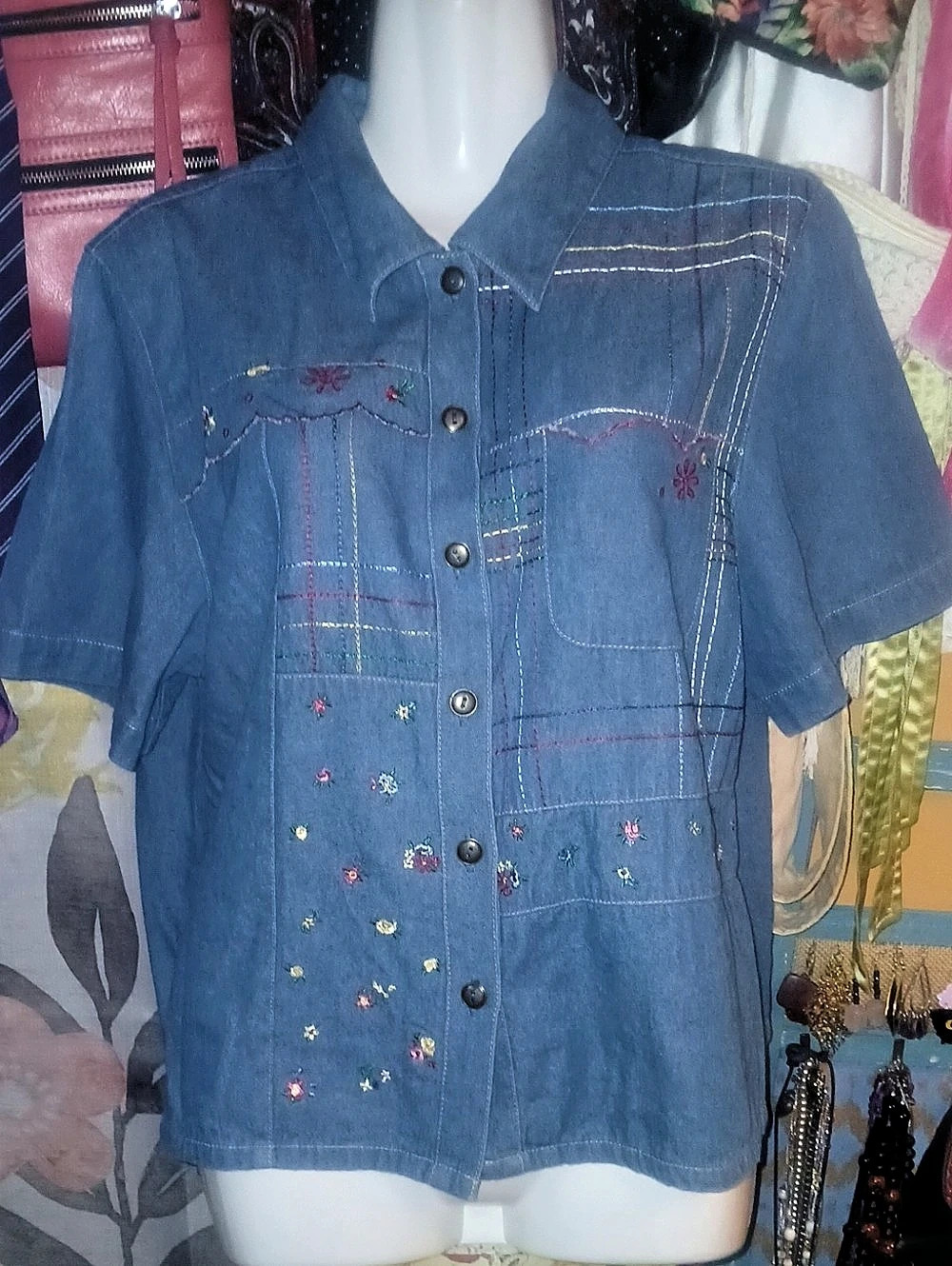 90s Vintage Koret City Blues Petite Embroidered Denim Short Sleeve Shirt Large